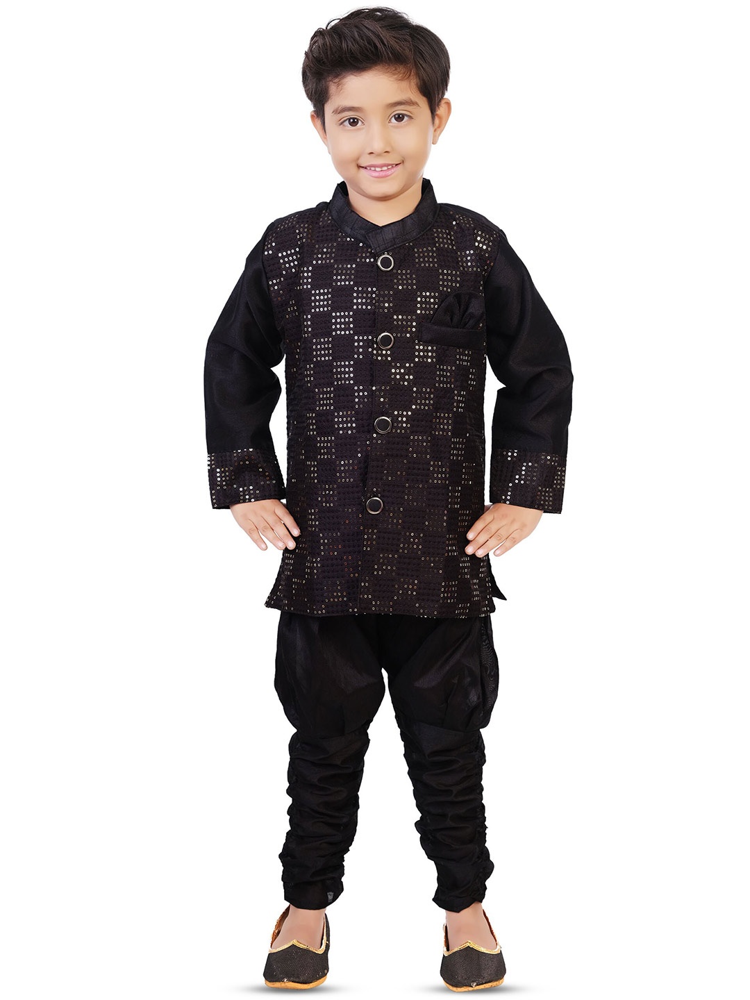 

BAESD Boys Embroidered Sequinned Pure Silk Sherwani, Black