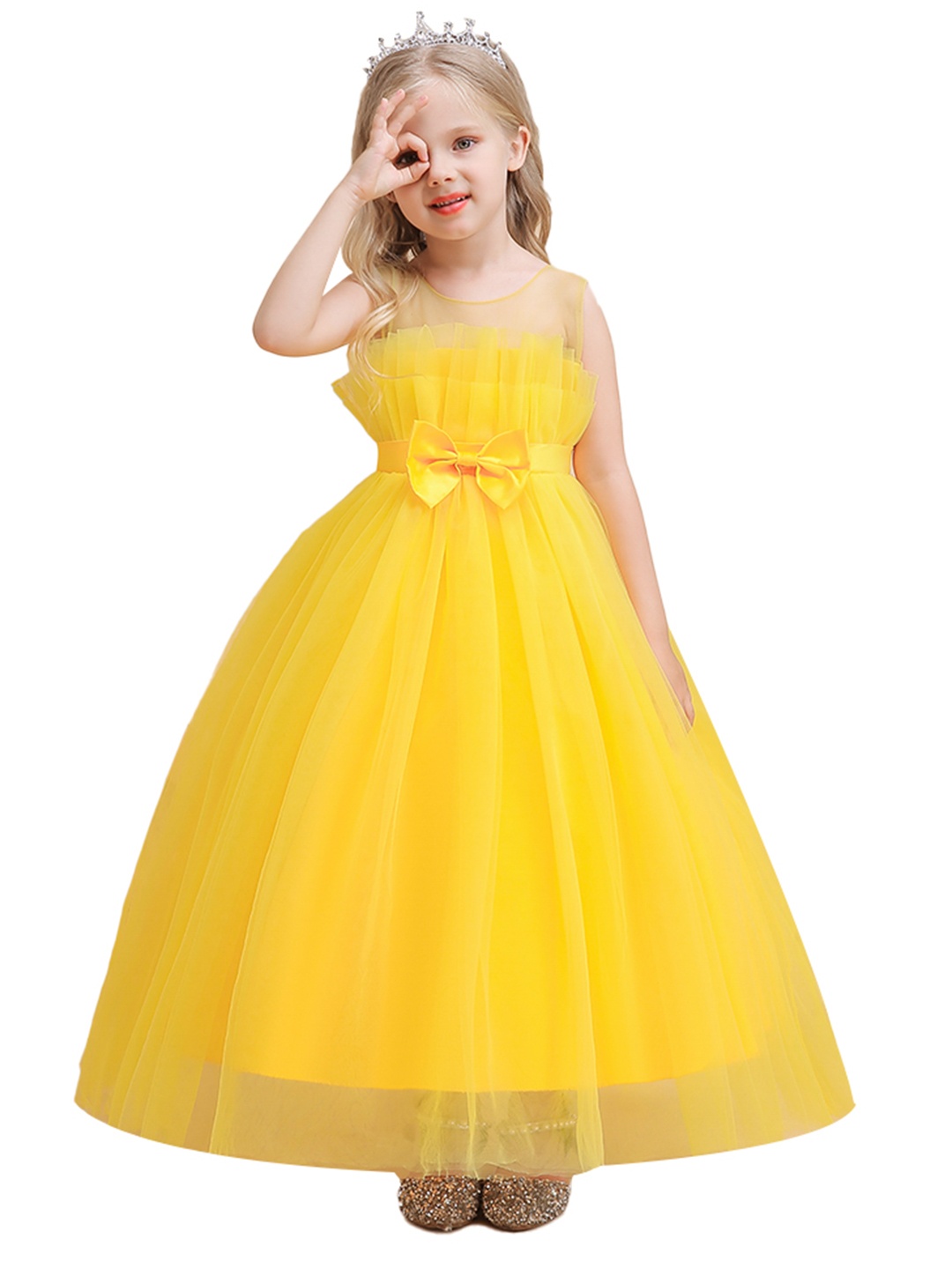 

StyleCast Girls Round Neck Sleeveless Semi Sheer Flared Maxi Dress, Yellow