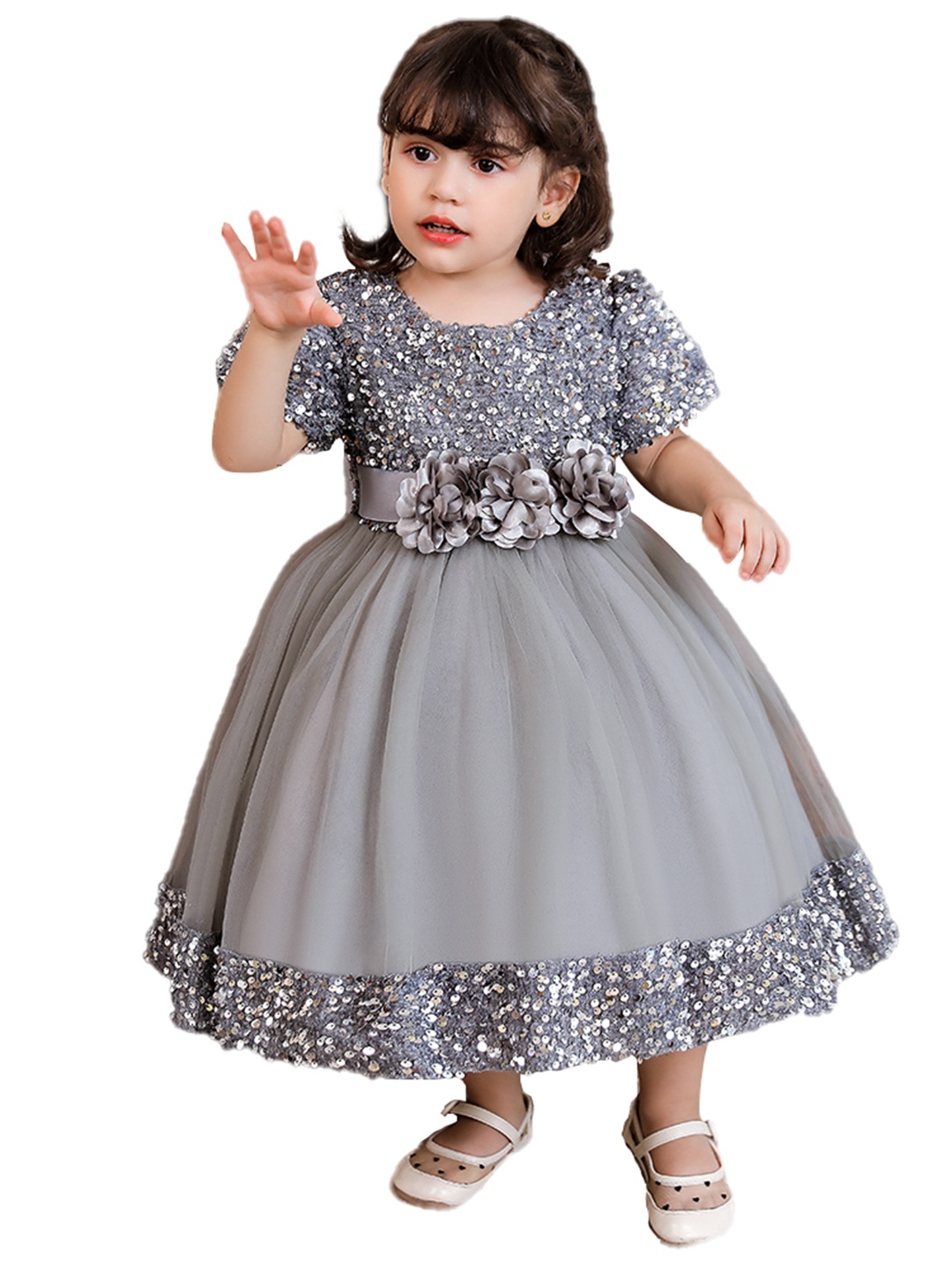 

StyleCast Girls Grey Embellished Sequined Round Neck Fit & Flare Maxi Dress