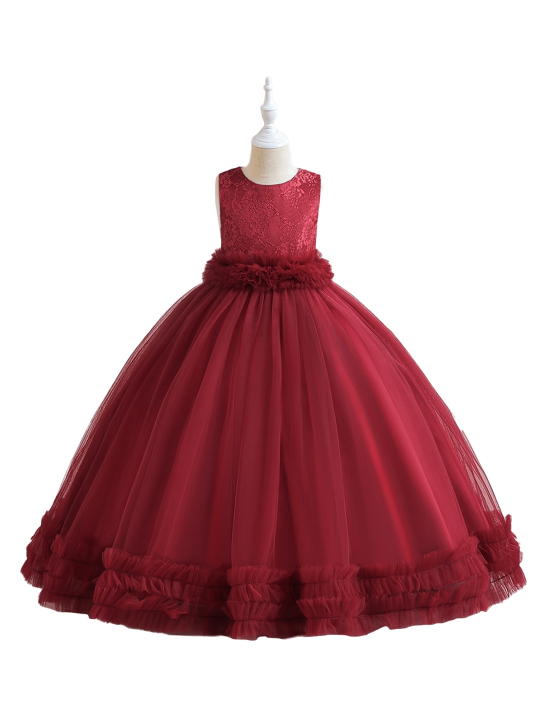 

StyleCast Girls Maroon Ruffled Round Neck Sleeveless Gown Dress