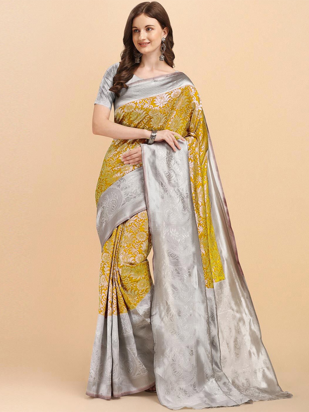 

ARYANARI Floral Woven Design Zari Banarasi Saree, Yellow