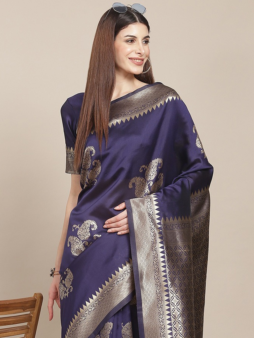 

ARYANARI Ethnic Motifs Woven Design Zari Banarasi Saree, Navy blue