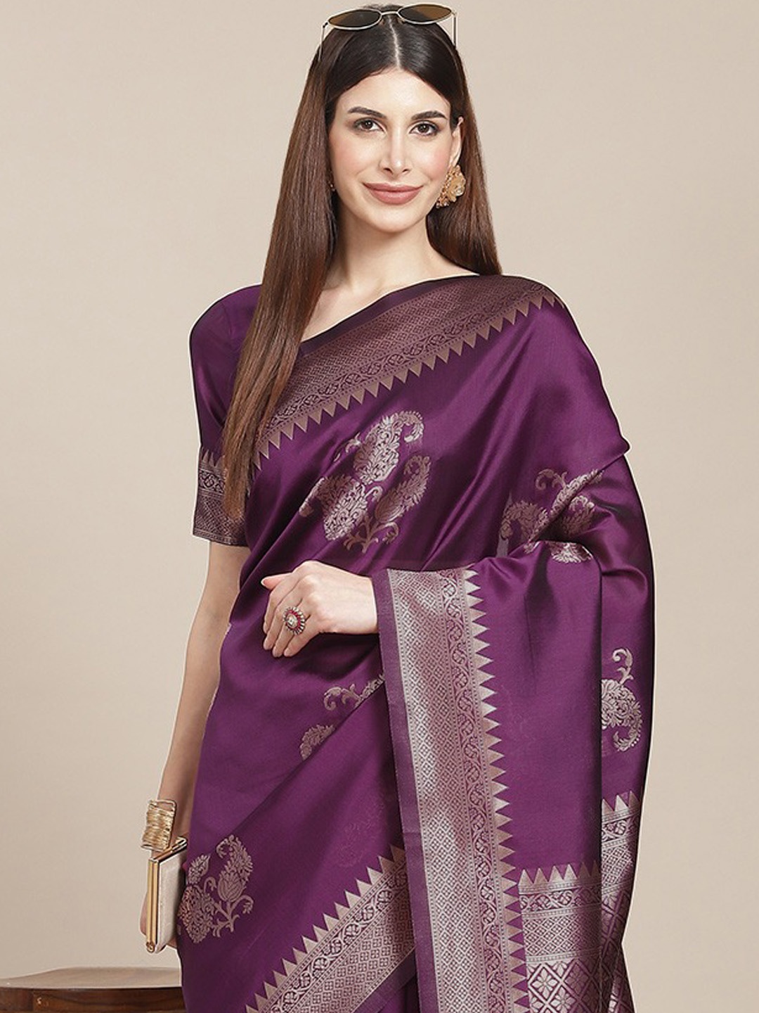 

ARYANARI Woven Design Ethnic Motifs Zari Banarasi Saree, Purple