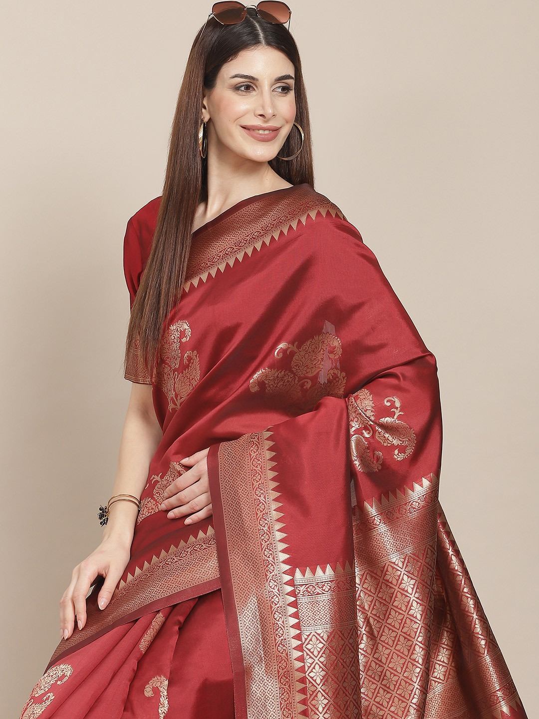 

ARYANARI Woven Design Ethnic Motifs Zari Banarasi Saree, Red