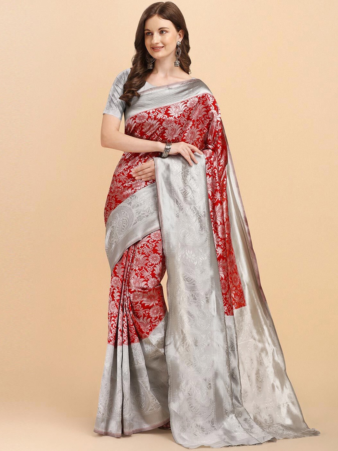 

ARYANARI Woven Design Floral Zari Banarasi Saree, Red