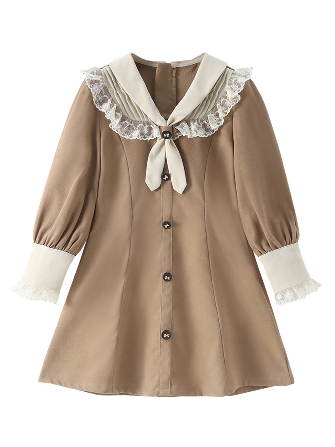 

StyleCast Girls Khaki Tie-Up Neck Puff Sleeve Ruffled A-Line Cotton Dress