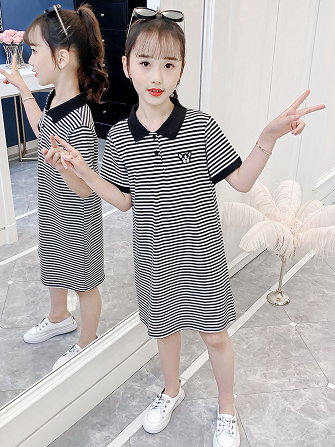 

StyleCast Girls Black Striped Cotton T-shirt Midi Dress