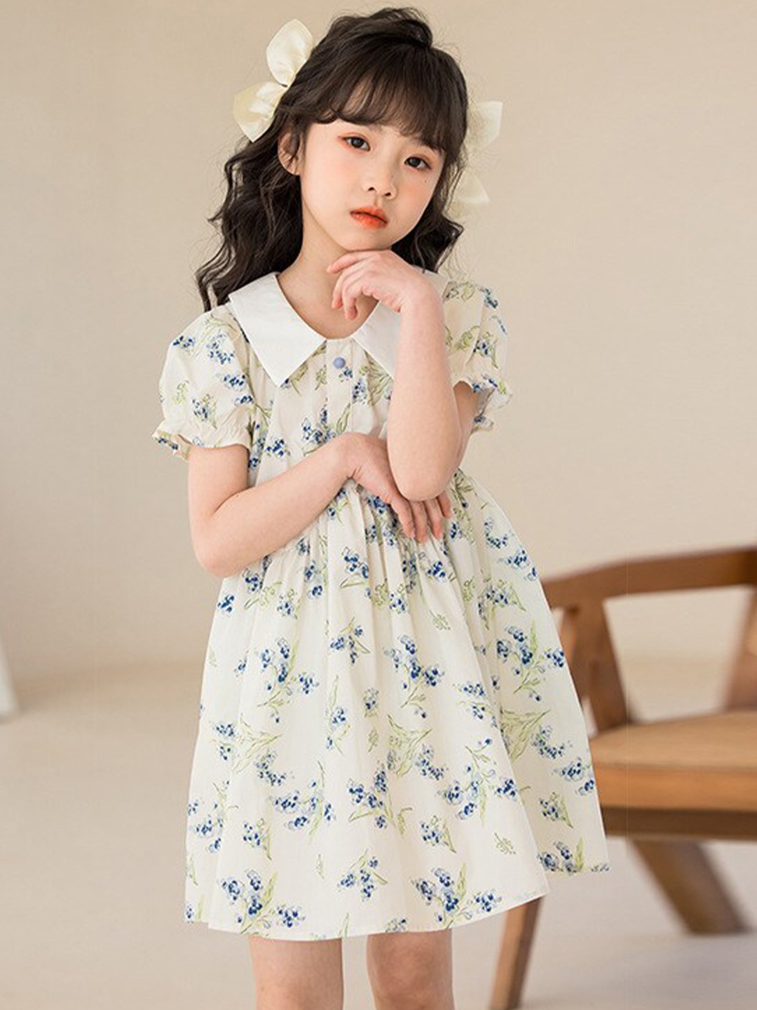 

StyleCast Girls Beige Floral Printed Peter Pan Collar Fit & Flare Dress