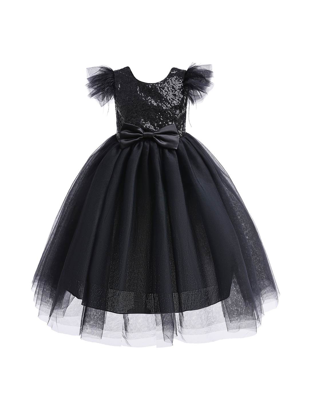 

StyleCast Black Embellished Round Neck Flutter Sleeves Fit & Flare Maxi Dress