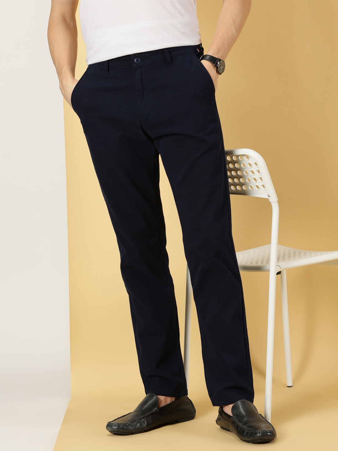 

Thomas Scott Men Smart Slim Fit Pure Cotton Mid-Rise Chinos Trousers, Navy blue