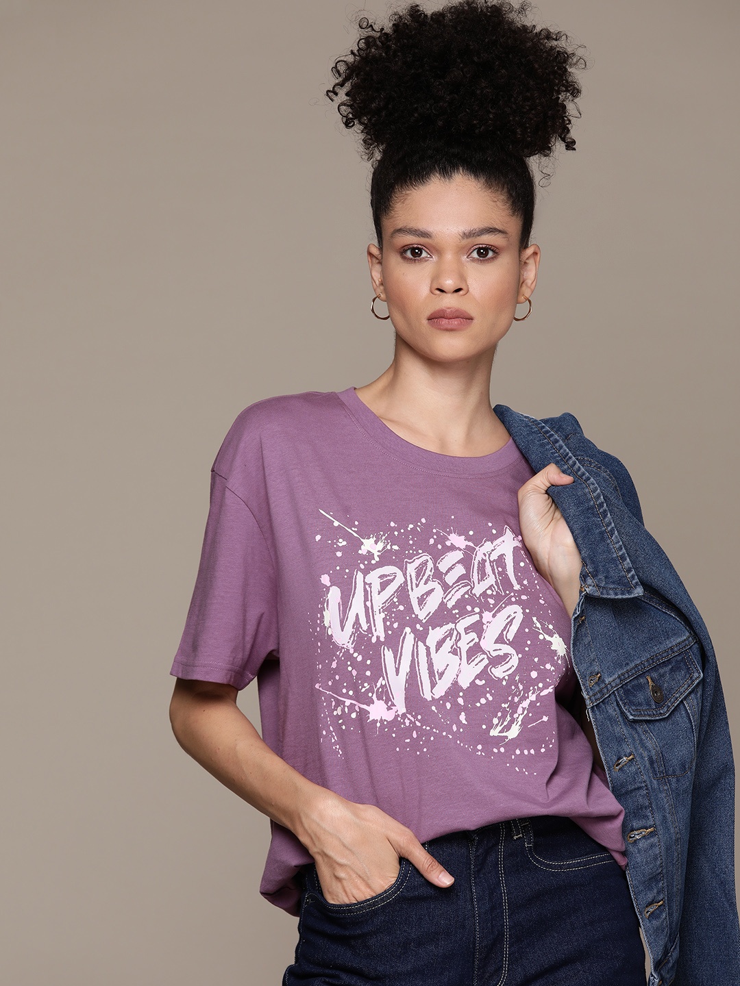 

The Roadster Lifestyle Co. Printed Drop-Shoulder Sleeves Pure Cotton Oversized T-shirt, Purple