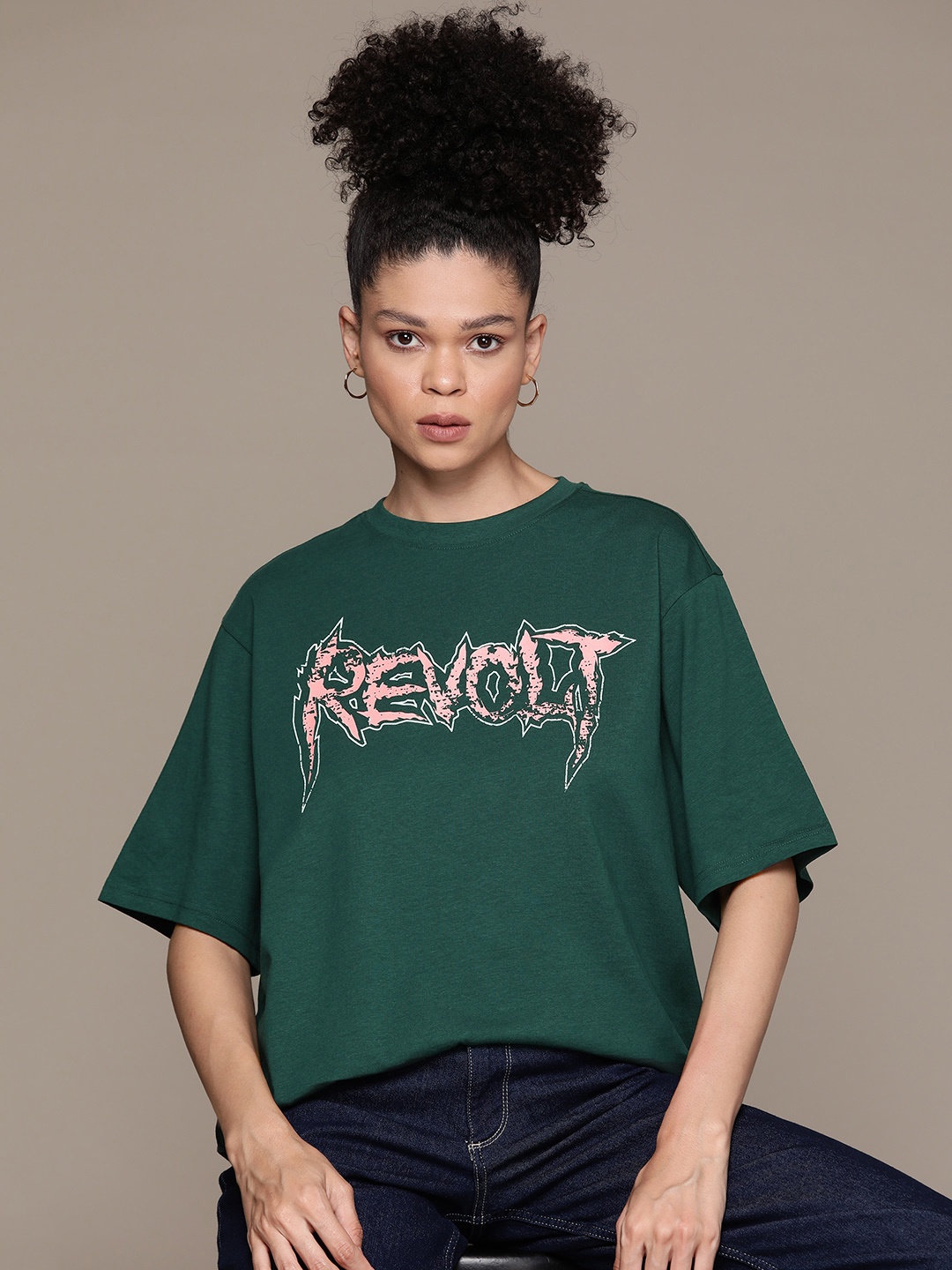 

The Roadster Lifestyle Co. Printed Drop-Shoulder Sleeves Pure Cotton Oversized T-shirt, Green