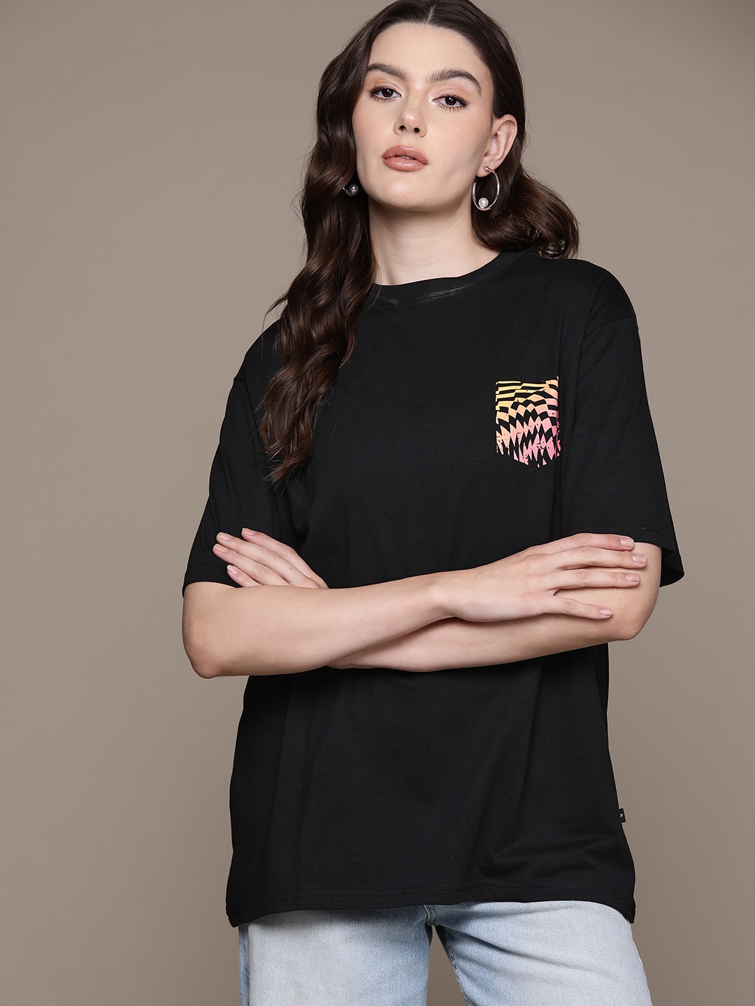 

The Roadster Lifestyle Co. Women Typography Printed Drop-Shoulder Sleeves Cotton T-shirt, Black