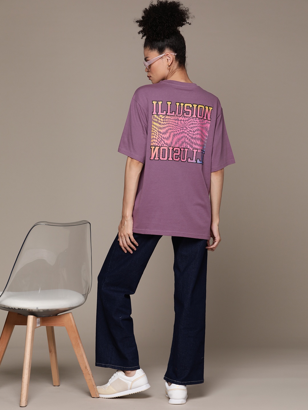 

The Roadster Lifestyle Co. Printed Drop-Shoulder Sleeves Pure Cotton Oversized T-shirt, Purple