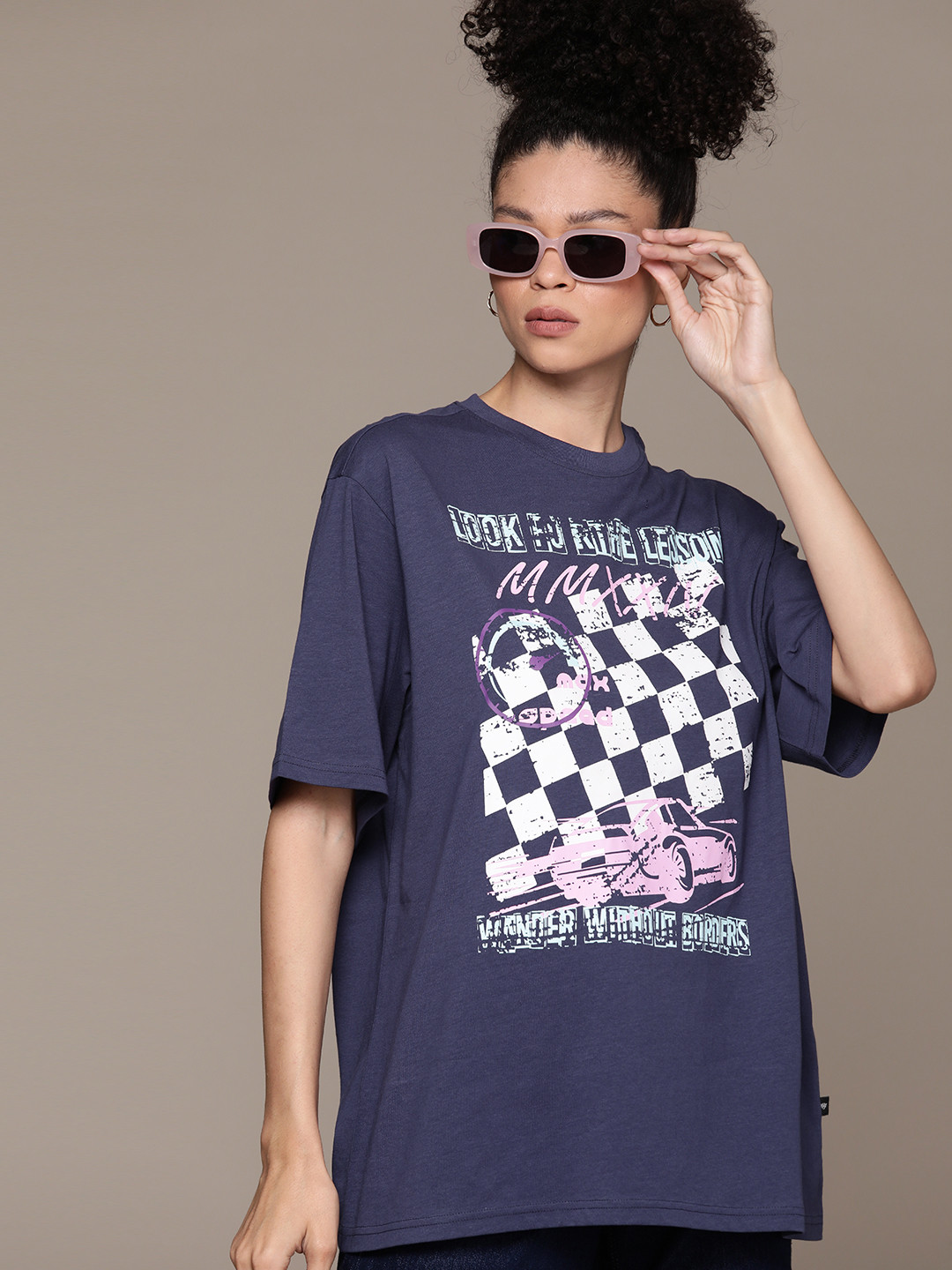 

The Roadster Lifestyle Co. Women Printed Oversized Pure Cotton T-shirt, Navy blue