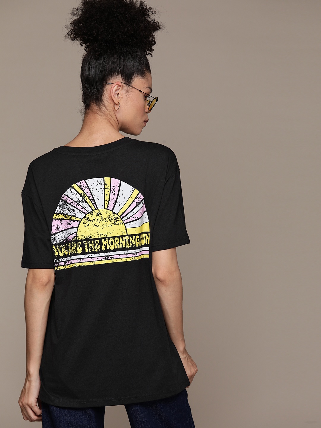 

The Roadster Lifestyle Co. Printed Drop-Shoulder Sleeves Pure Cotton Oversized T-shirt, Black