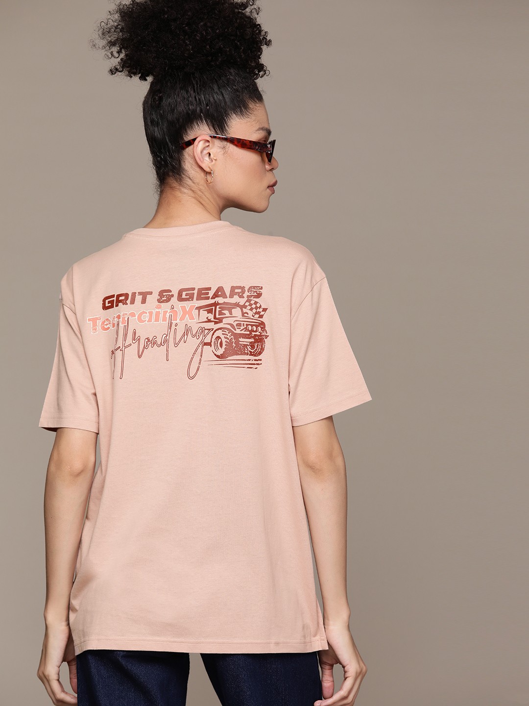 

The Roadster Lifestyle Co. Printed Drop-Shoulder Sleeves Pure Cotton Oversized T-shirt, Rose