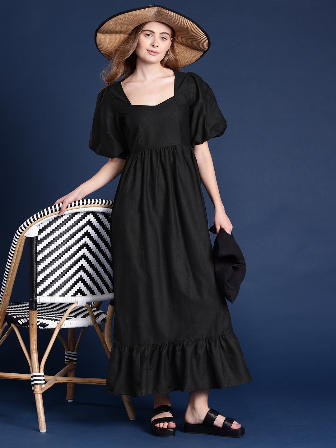 

Mast & Harbour Pure Cotton Puff Sleeves A-Line Maxi Dress, Black