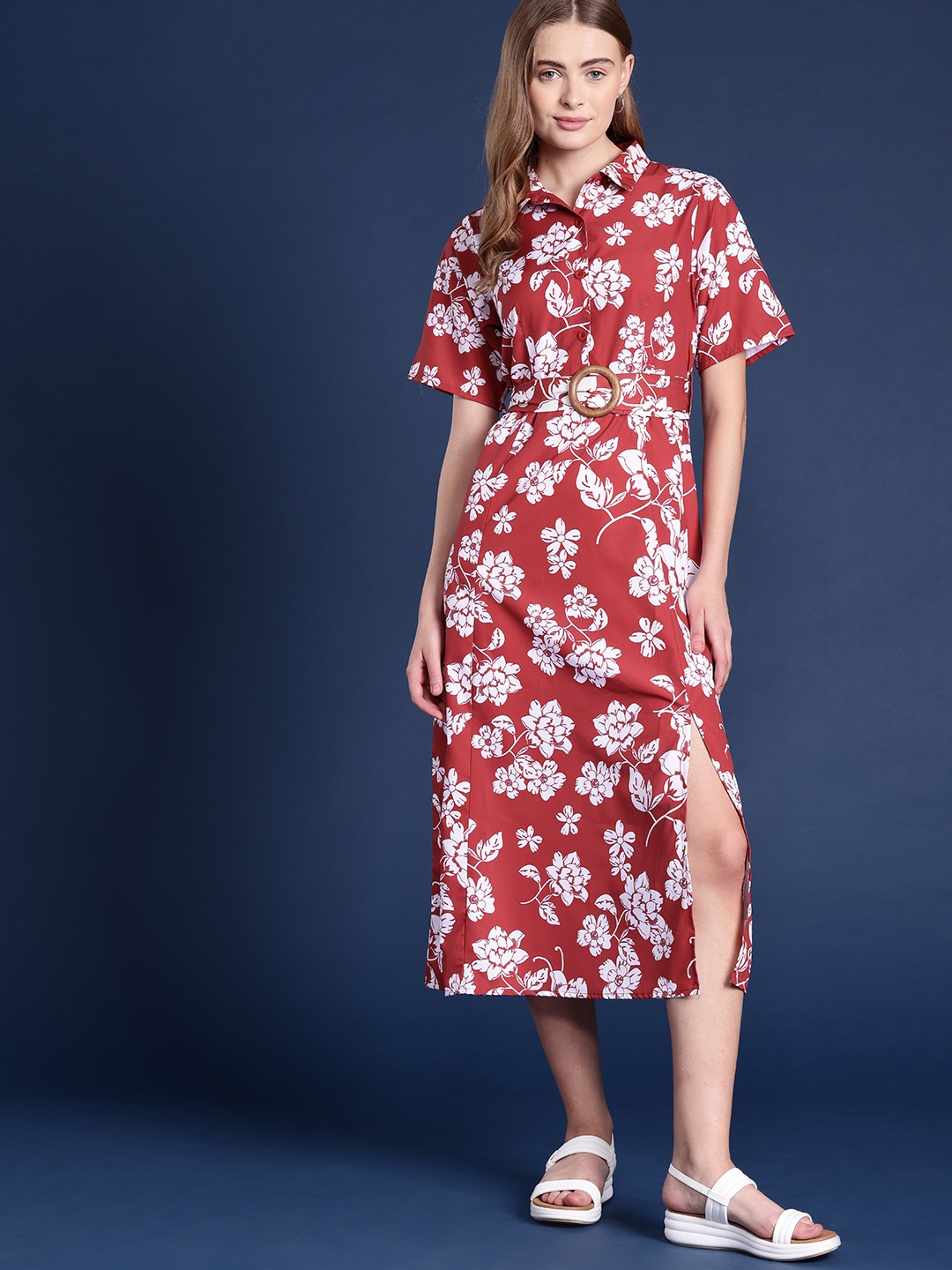 

Mast & Harbour Floral Print Flared Sleeve Shirt Style Midi Dress, Brown