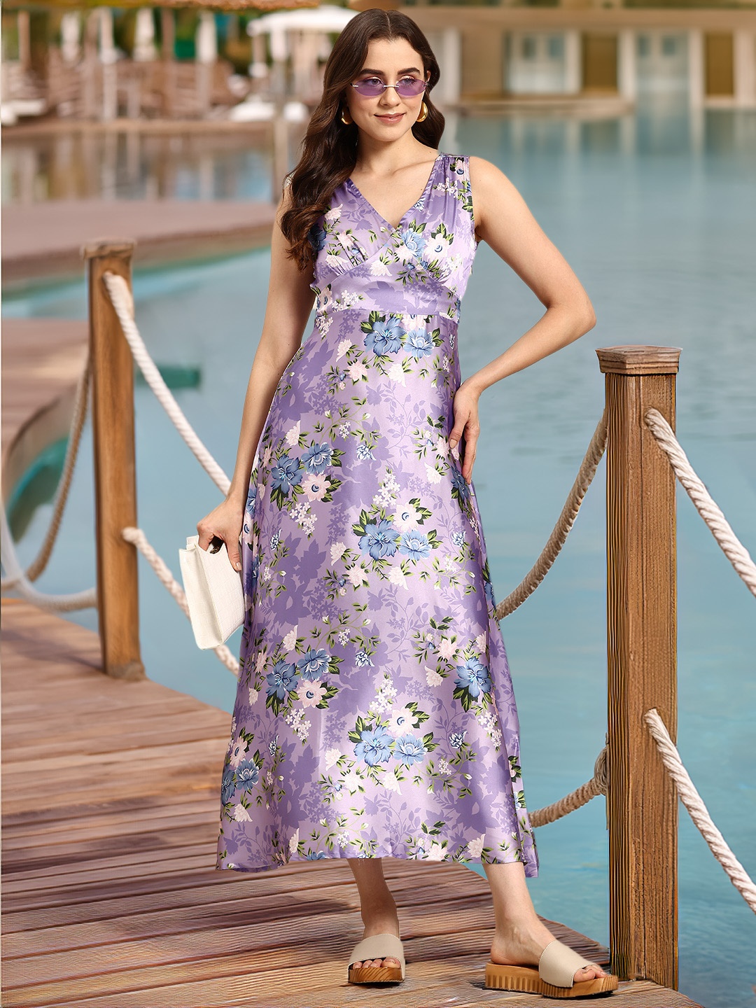 

Mast & Harbour Floral Print Satin A-Line Midi Dress, Purple