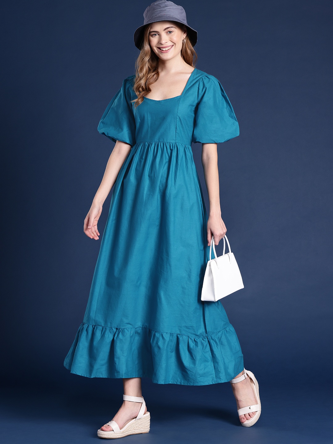 

Mast & Harbour Pure Cotton Puff Sleeves A-Line Maxi Dress, Navy blue