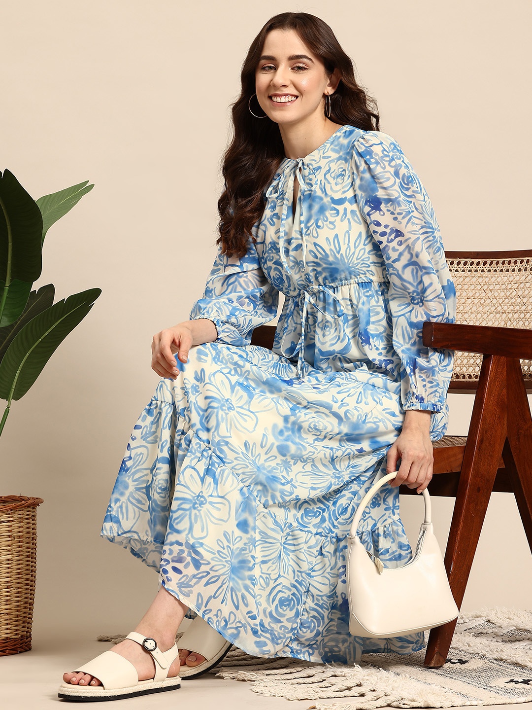 

Mast & Harbour Floral Print Tie-Up Tiered Midi Dress, Blue