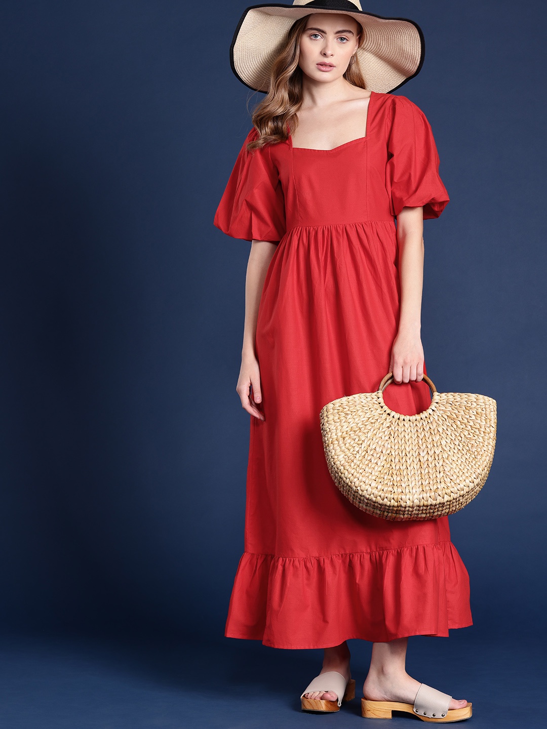 

Mast & Harbour Pure Cotton Puff Sleeves A-Line Maxi Dress, Red