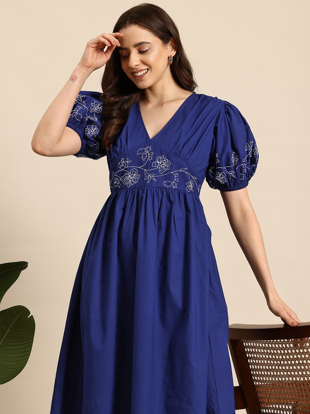 

Mast & Harbour Floral Embroidered Puff Sleeves Pure Cotton Empire Dress, Blue
