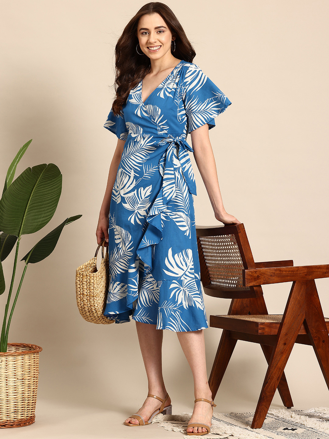 

Mast & Harbour Floral Print Flared Sleeve Wrap Midi Dress, Blue
