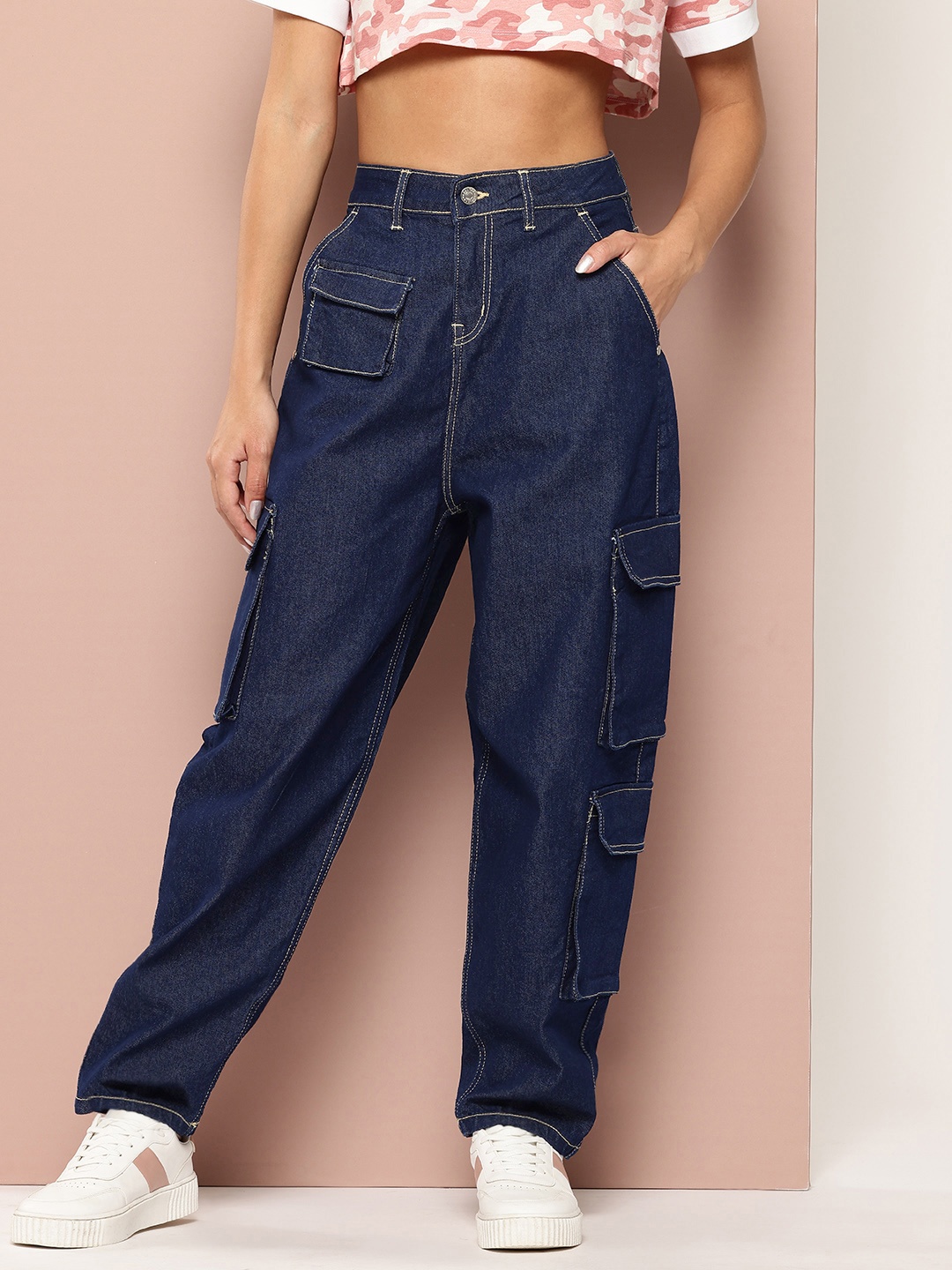 

Harvard Women High-Rise Stretchable Cargo-Style Jeans, Blue