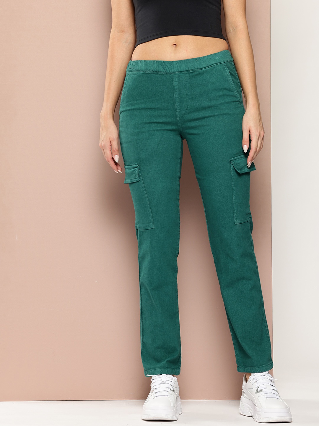 

Harvard Women Straight Fit Stretchable Cargo Style Jeans, Green