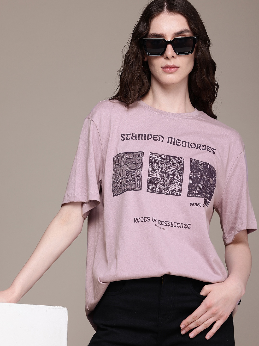 

The Roadster Life Co. Printed Drop-Shoulder Sleeves Oversized Fit T-shirt, Purple
