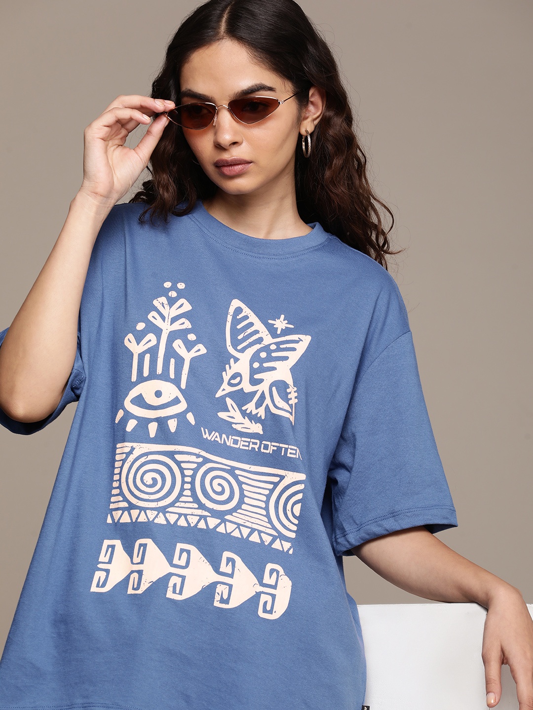 

The Roadster Life Co. Printed Drop-Shoulder Sleeves Oversized T-shirt, Blue