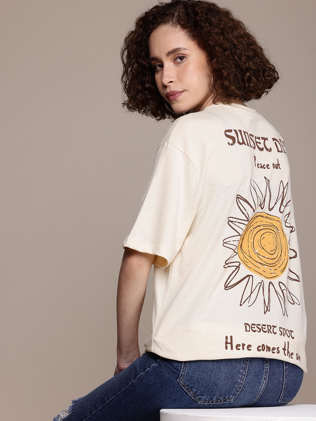 

The Roadster Life Co. Printed Drop-Shoulder Sleeves Oversized T-shirt, Cream
