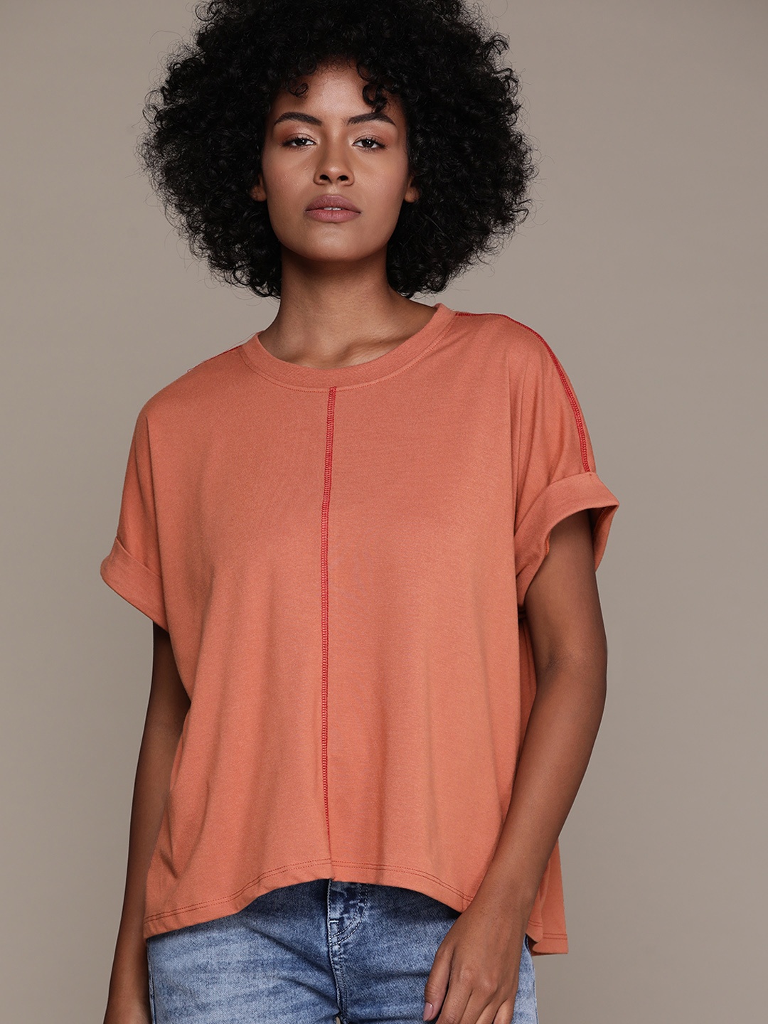 

The Roadster Lifestyle Co. Extended Sleeves Oversized T-shirt, Rust
