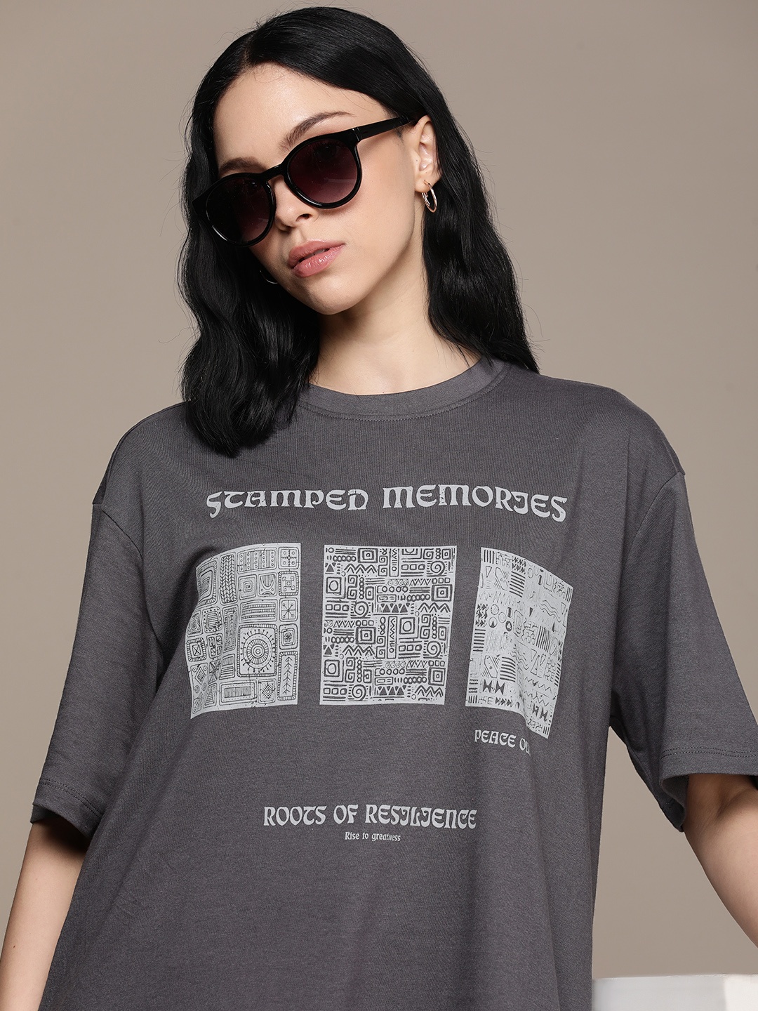 

The Roadster Life Co. Printed Drop-Shoulder Sleeves Oversized T-shirt, Grey