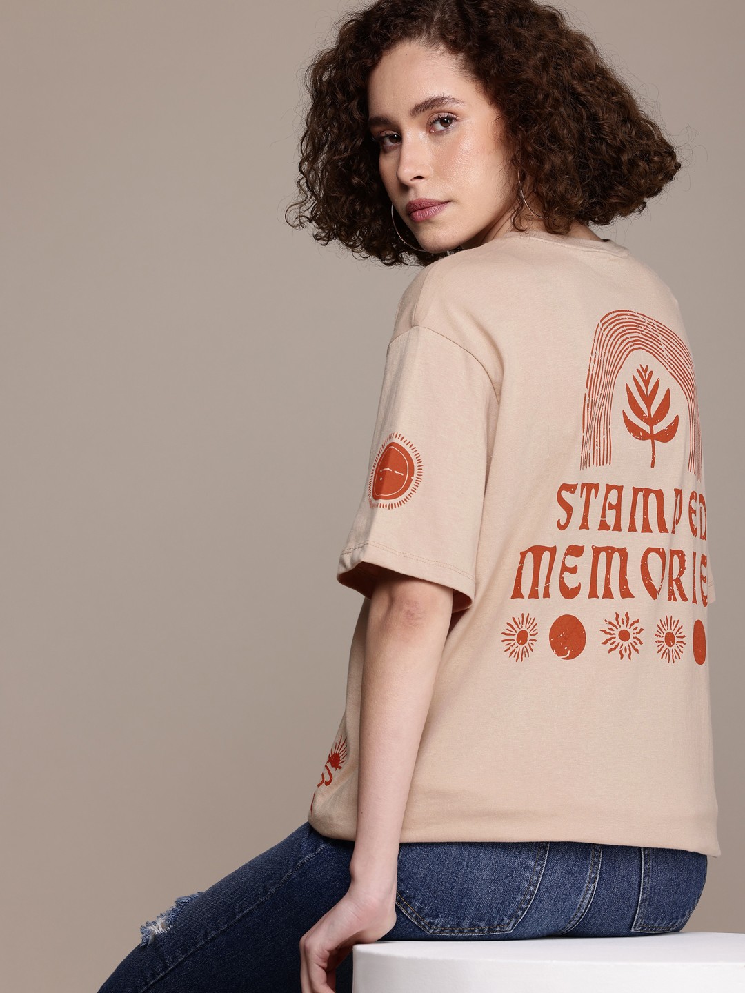 

The Roadster Life Co. Printed Drop-Shoulder Sleeves Oversized T-shirt, Beige