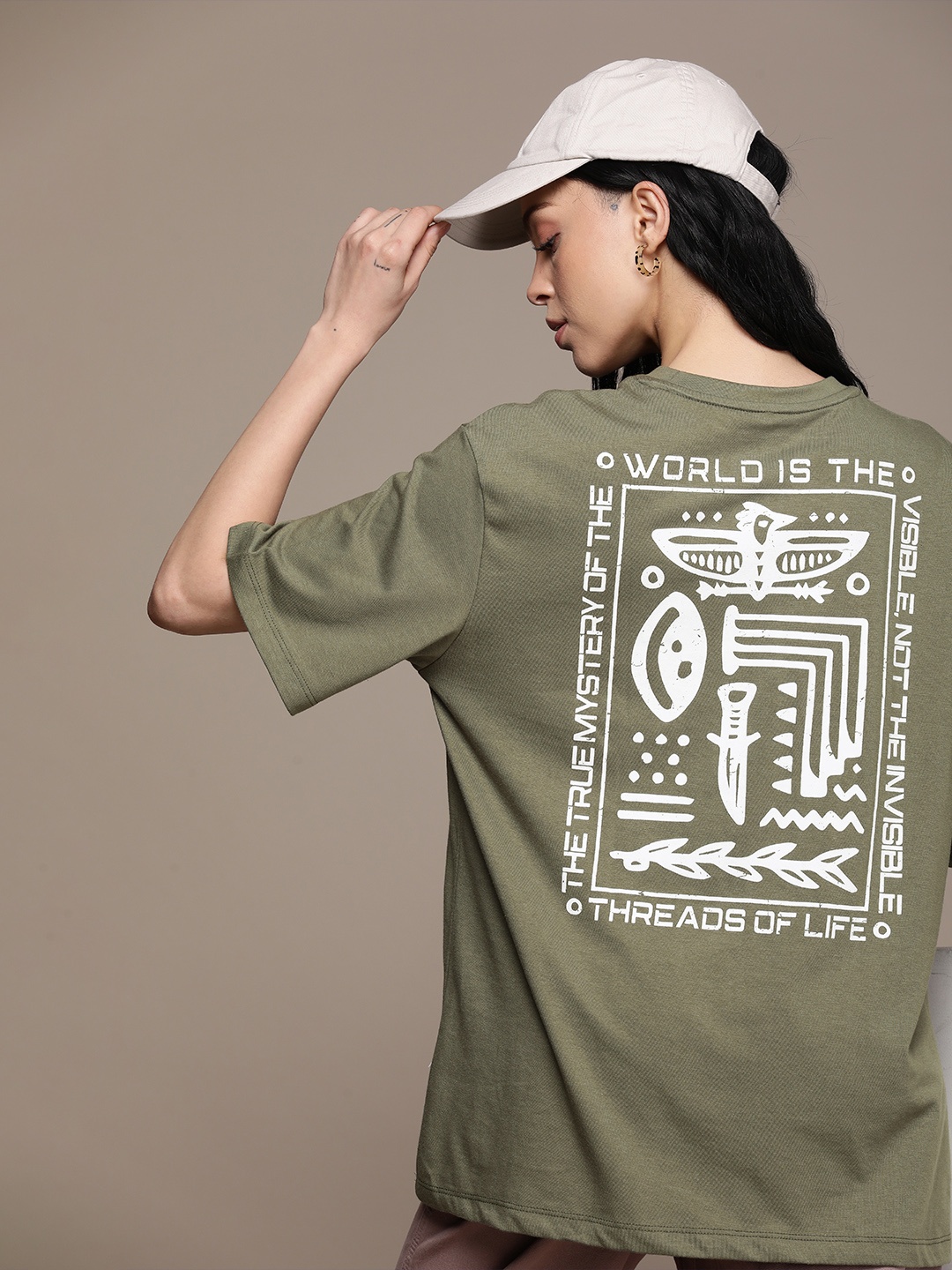 

The Roadster Life Co. Printed Drop-Shoulder Sleeves Oversized T-shirt, Olive