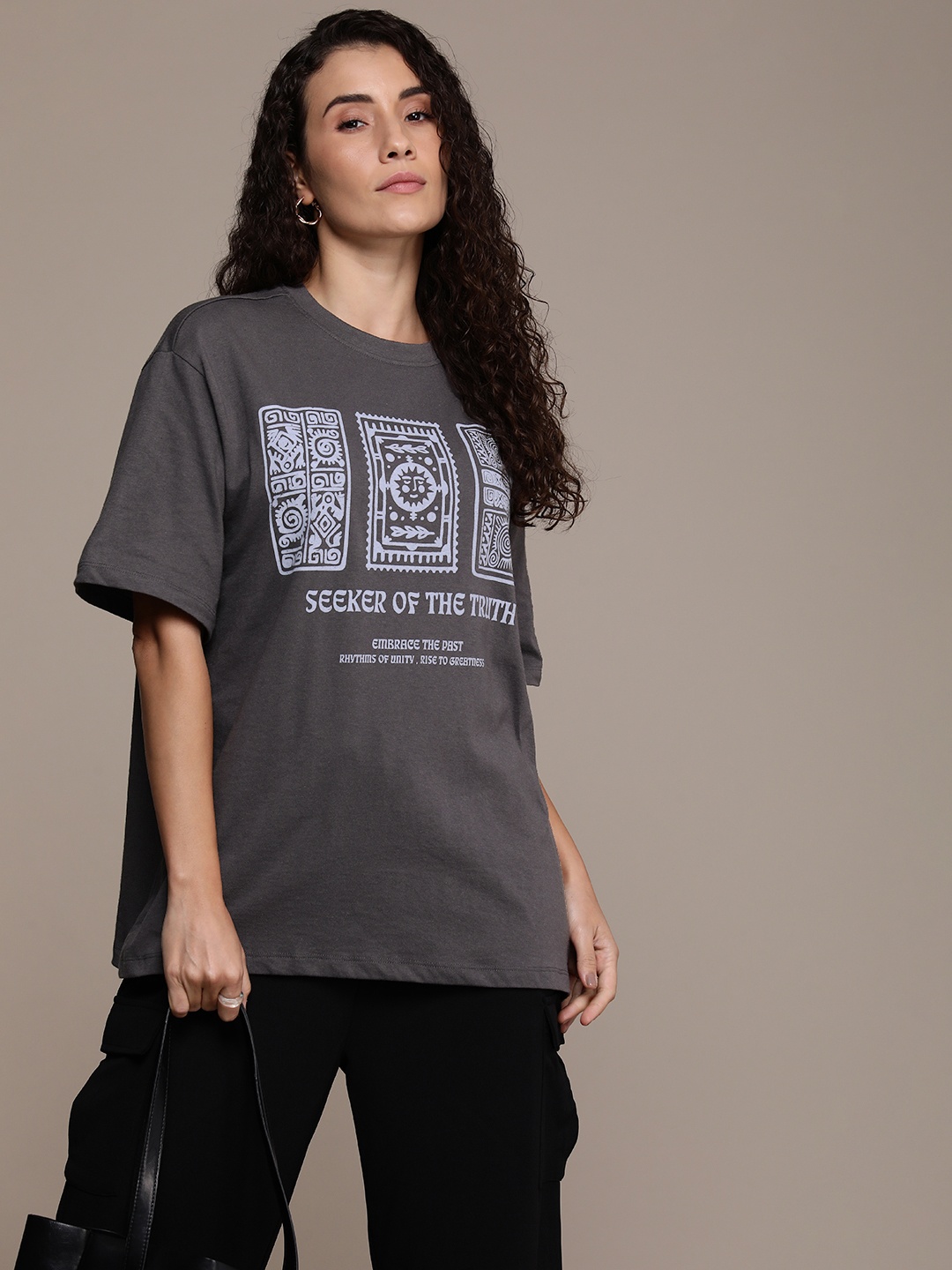 

The Roadster Life Co. Printed Drop-Shoulder Sleeves Oversized T-shirt, Grey