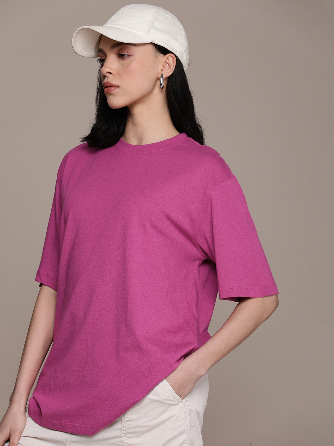 

Roadster Women Pure Cotton Oversized T-shirt, Magenta