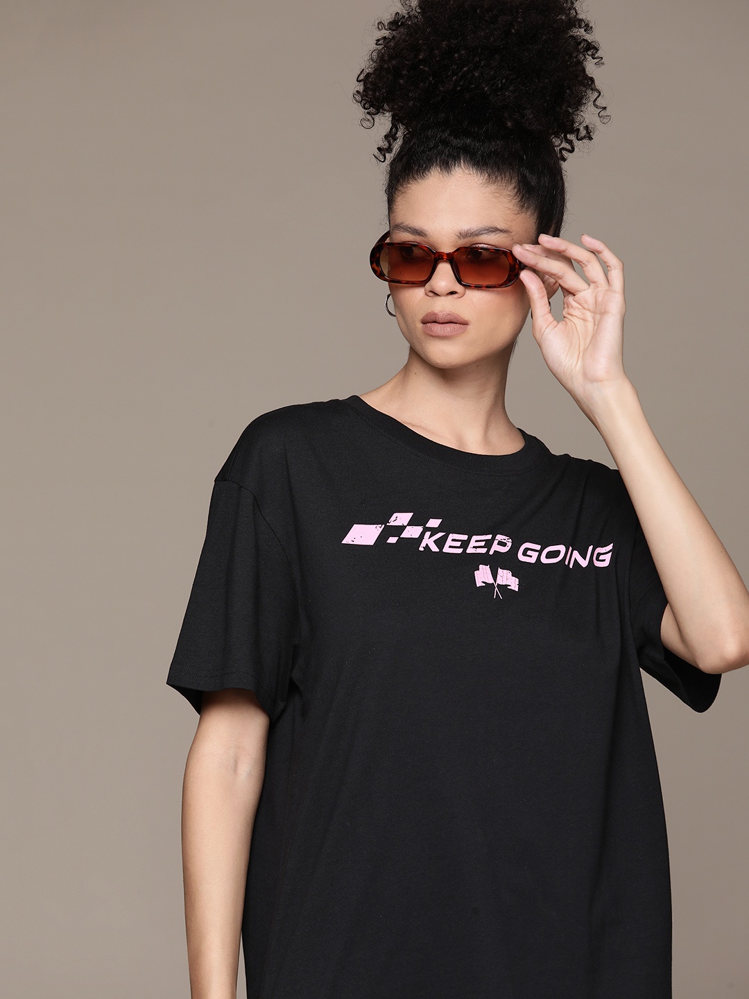 

The Roadster Lifestyle Co. Women Printed Pure Cotton Oversized T-shirt, Black