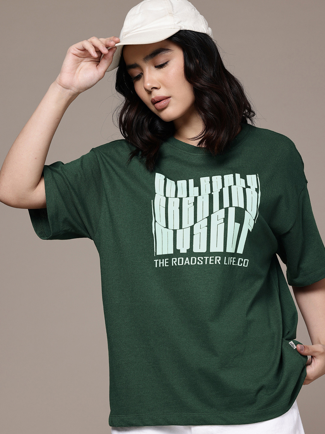 

The Roadster Life Co. Typography Printed Drop-Shoulder Sleeves Oversized T-shirt, Green