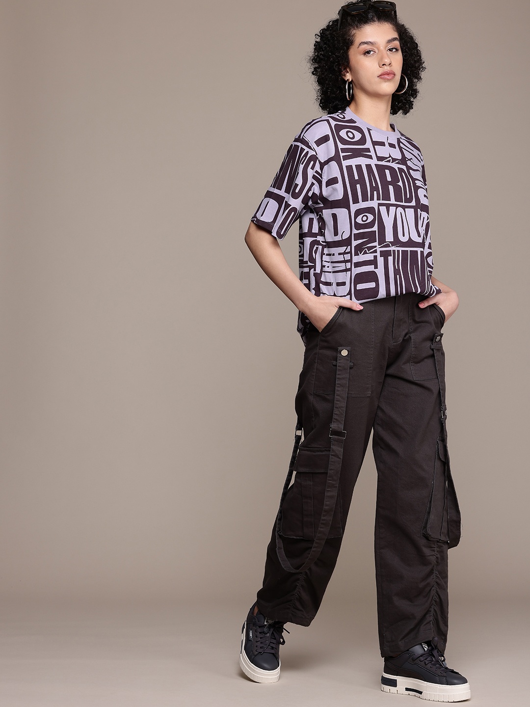 

The Roadster Life Co. Printed Drop-Shoulder Sleeves Pure Cotton Oversized T-shirt, Brown