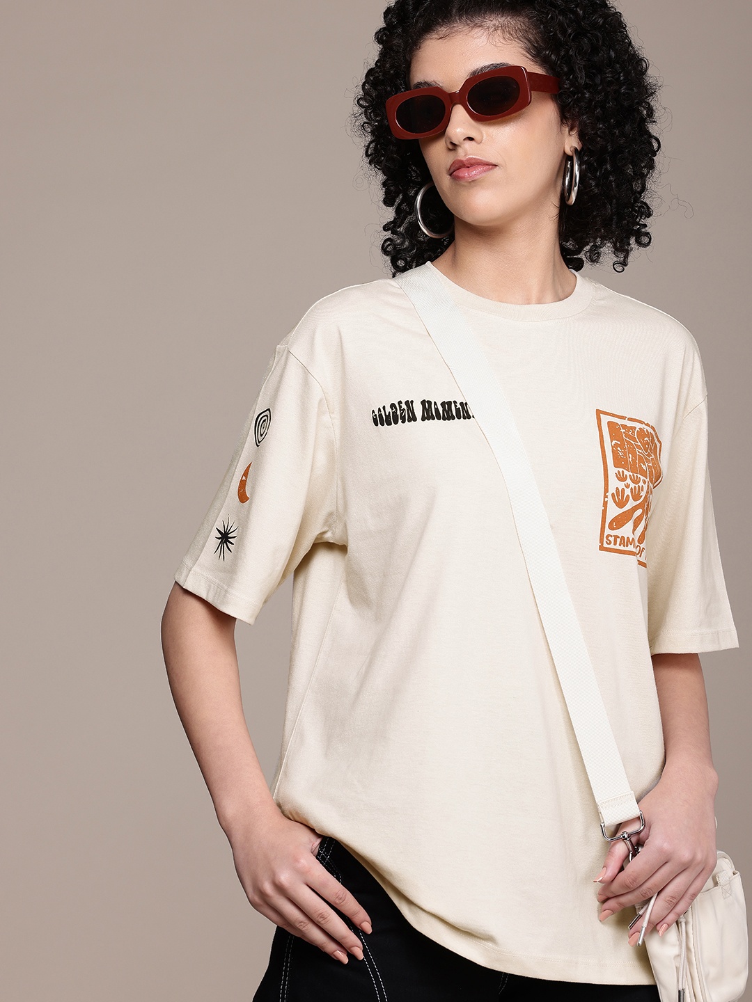 

The Roadster Life Co. Printed Drop-Shoulder Sleeves Oversized T-shirt, Beige