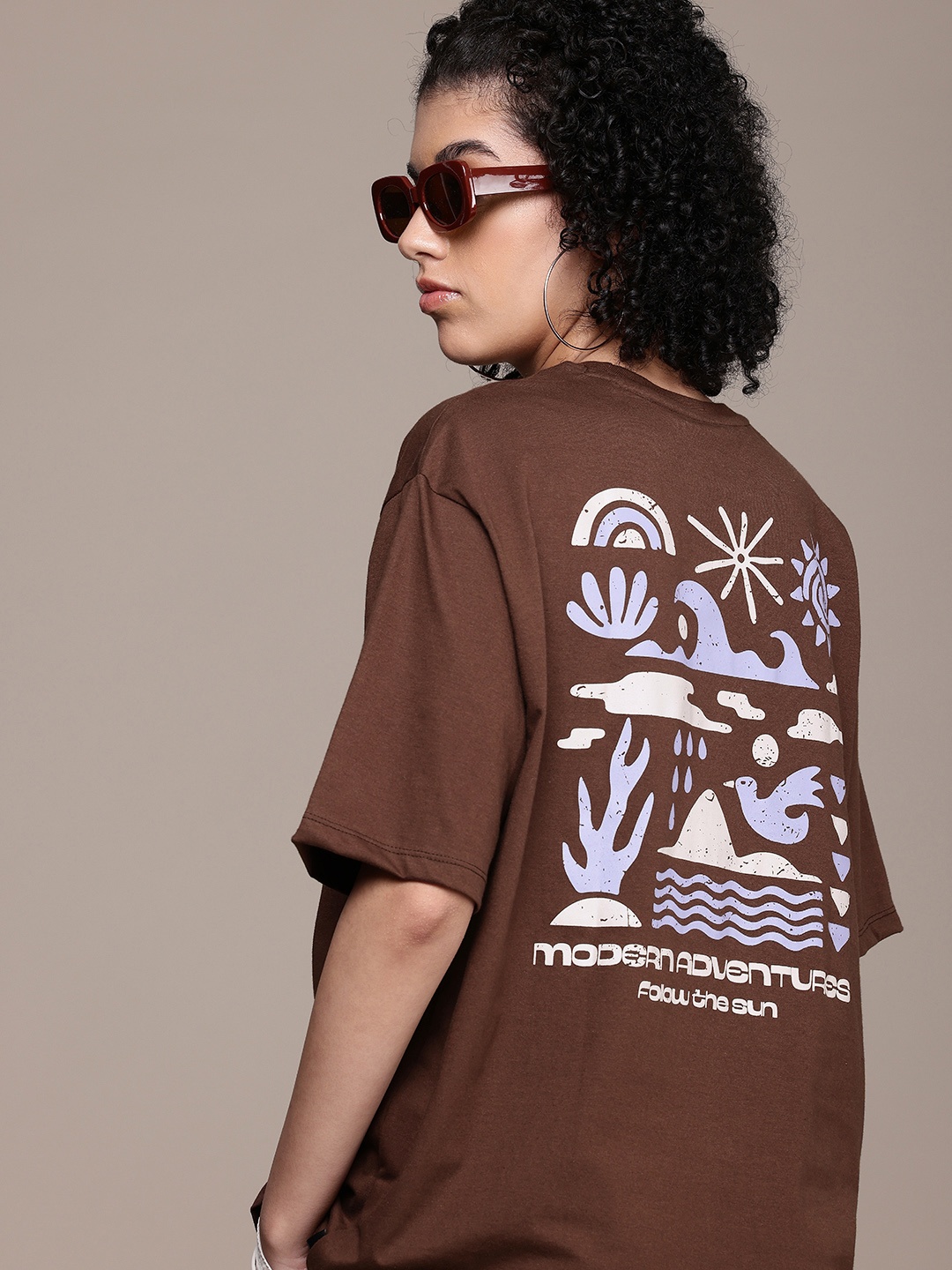 

The Roadster Life Co. Printed Drop-Shoulder Sleeves Oversized T-shirt, Coffee brown