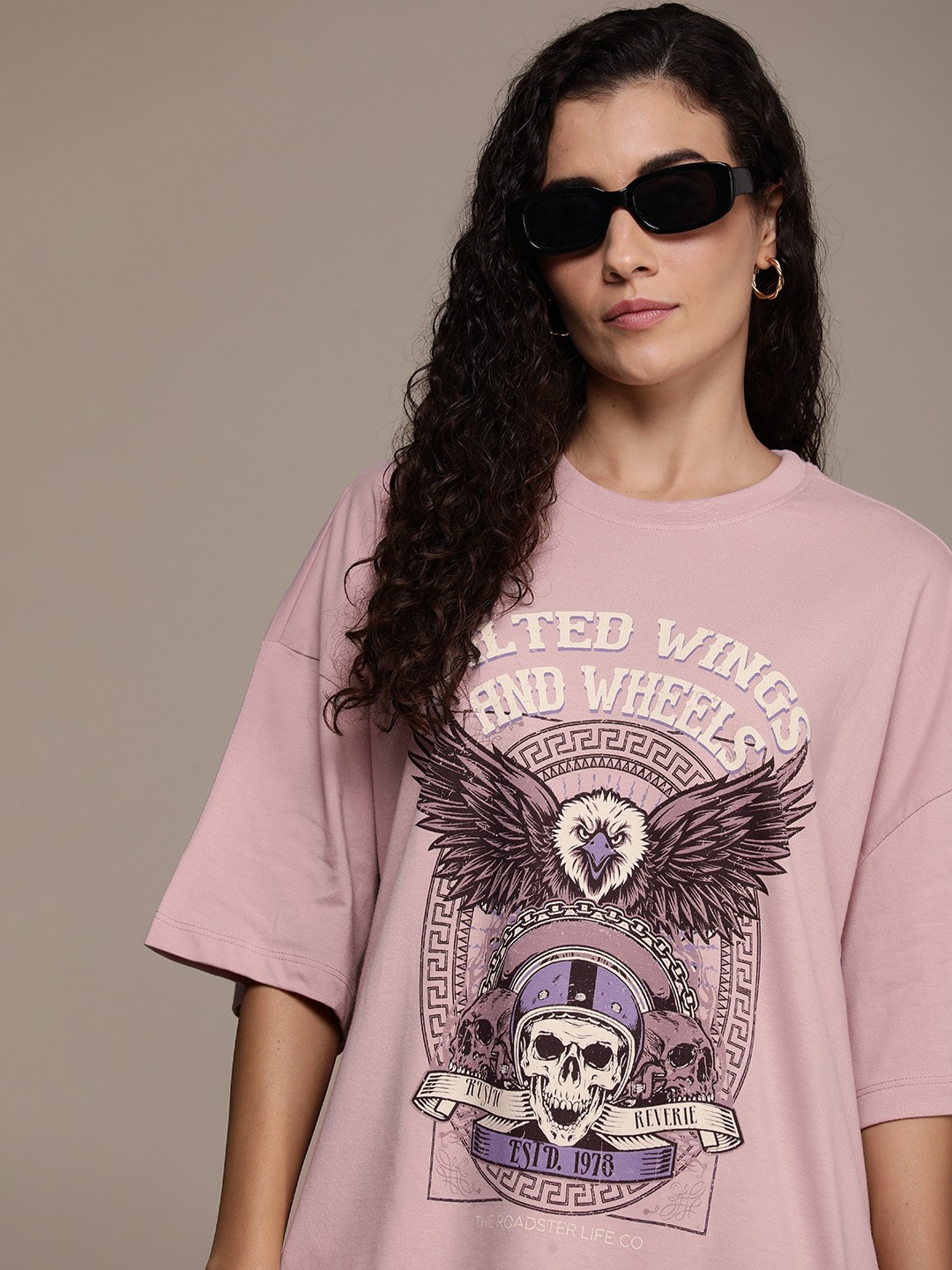 

The Roadster Life Co. Printed Drop-Shoulder Sleeves Oversized T-shirt, Mauve