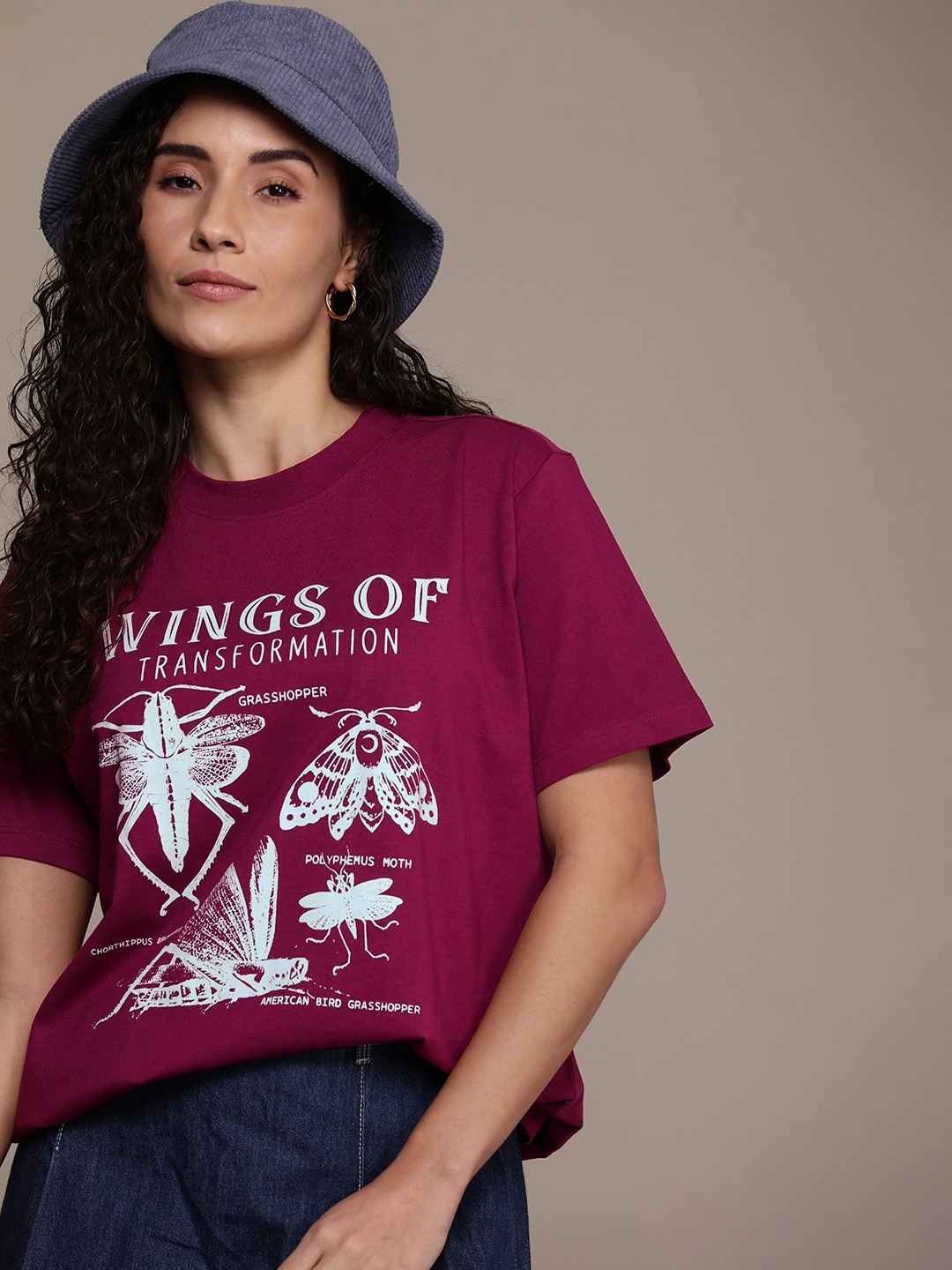 

The Roadster Life Co. Printed Drop-Shoulder Sleeves Boxy T-shirt, Magenta