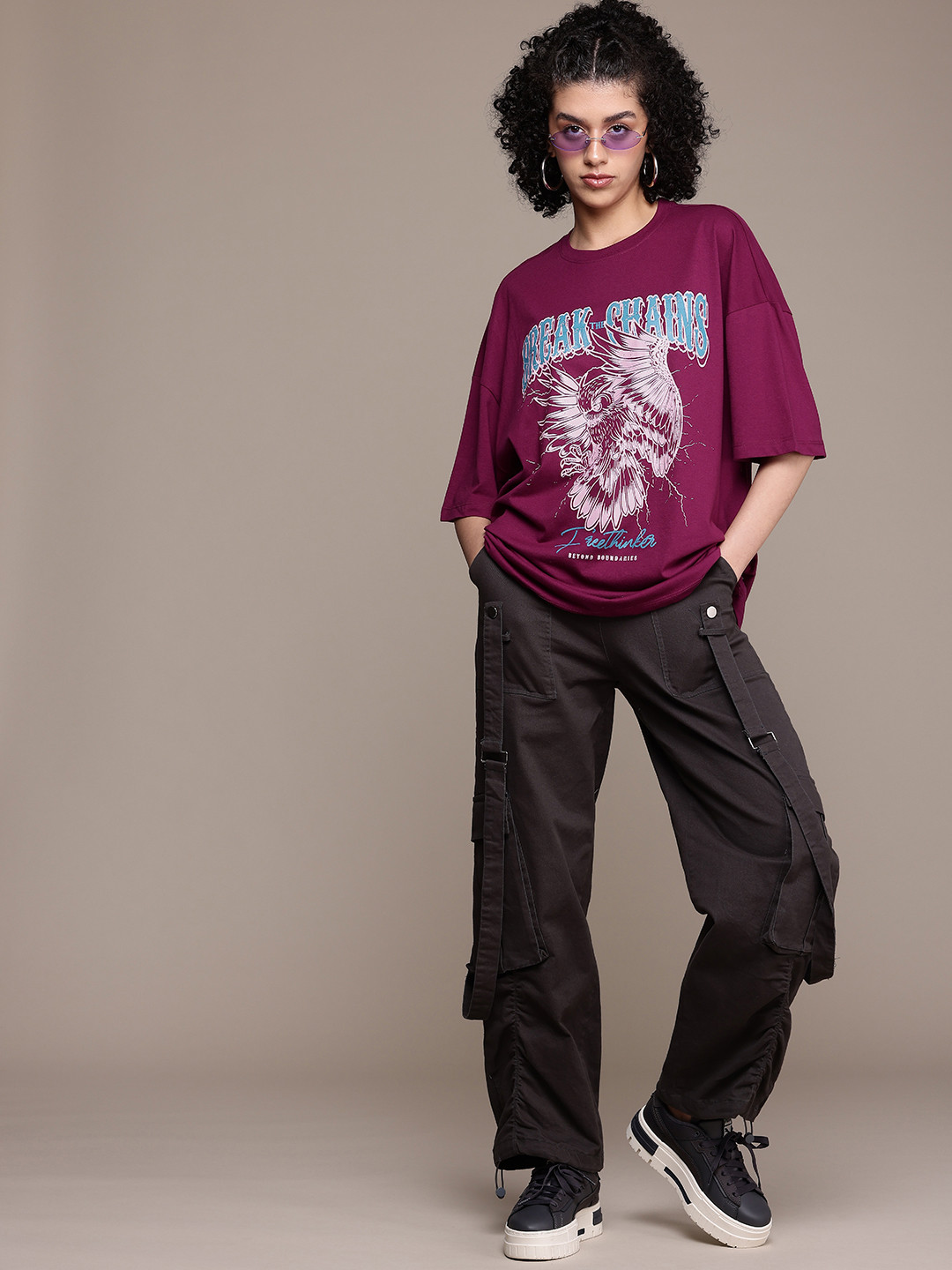 

The Roadster Life Co. Printed Drop-Shoulder Sleeves Pure Cotton Oversized T-shirt, Purple