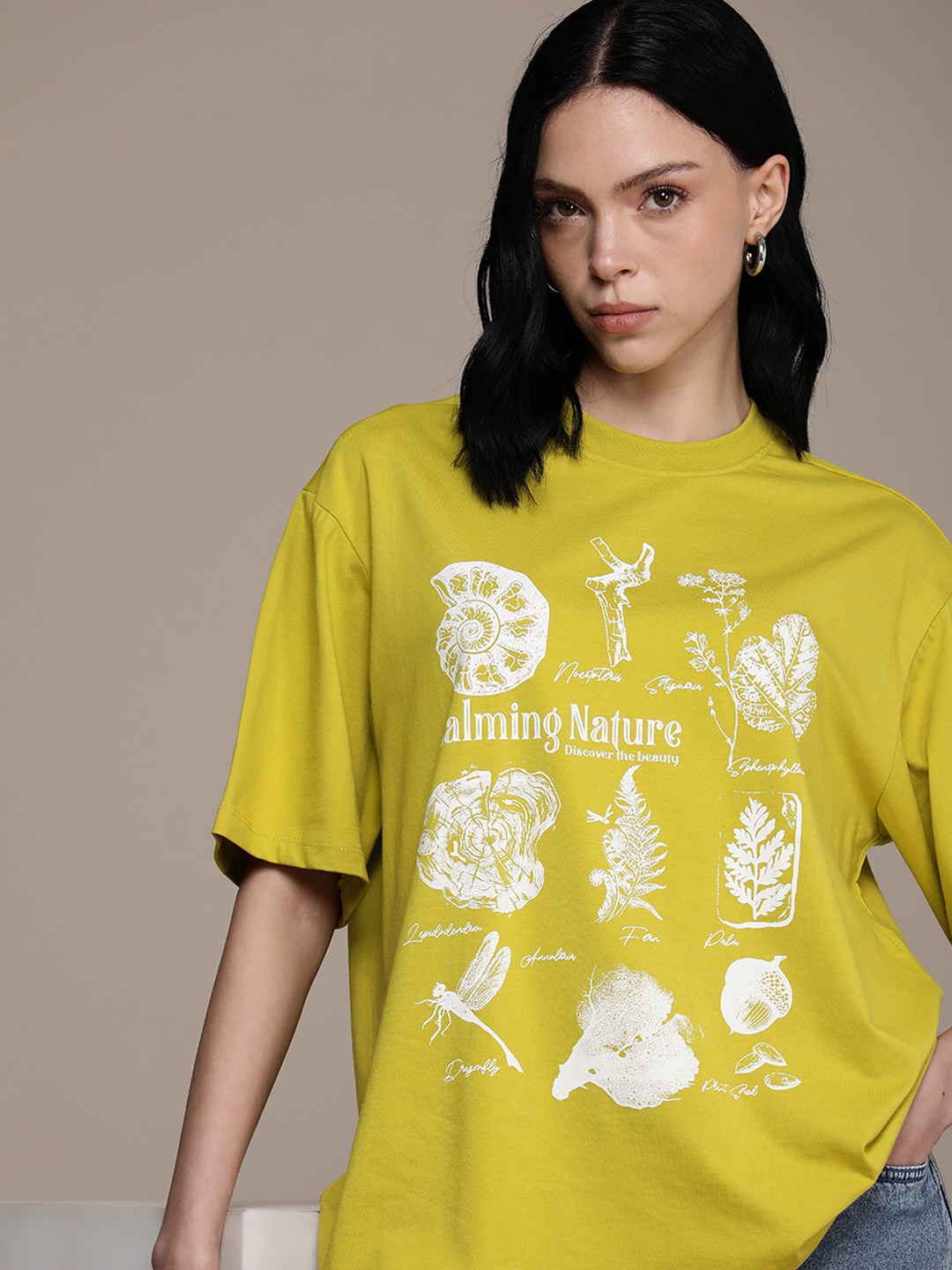 

The Roadster Life Co. Printed Drop-Shoulder Sleeves Oversized T-shirt, Mustard