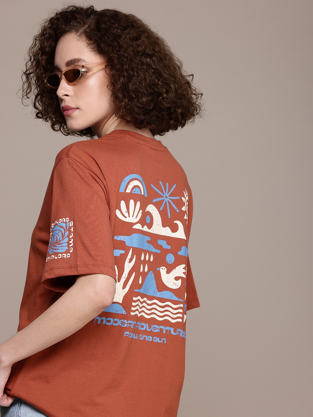 

The Roadster Life Co. Printed Oversized Drop-Shoulder Sleeves T-shirt, Brown
